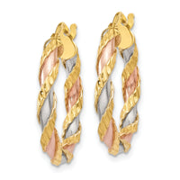 14K with White & Rose Rhodium Textured Twisted Hoop Earrings-TH746