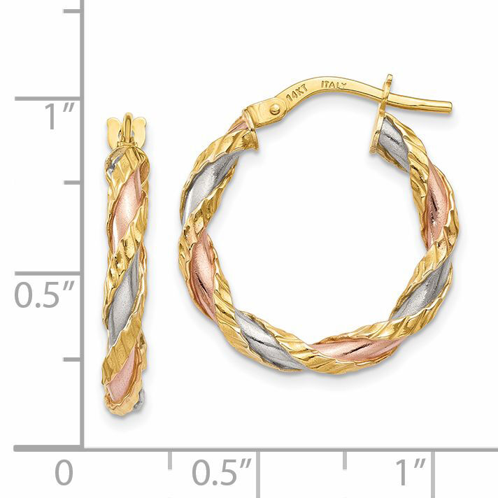 14K with White & Rose Rhodium Textured Twisted Hoop Earrings-TH746