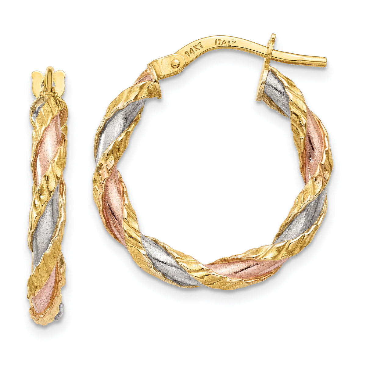 14K with White & Rose Rhodium Textured Twisted Hoop Earrings-TH746