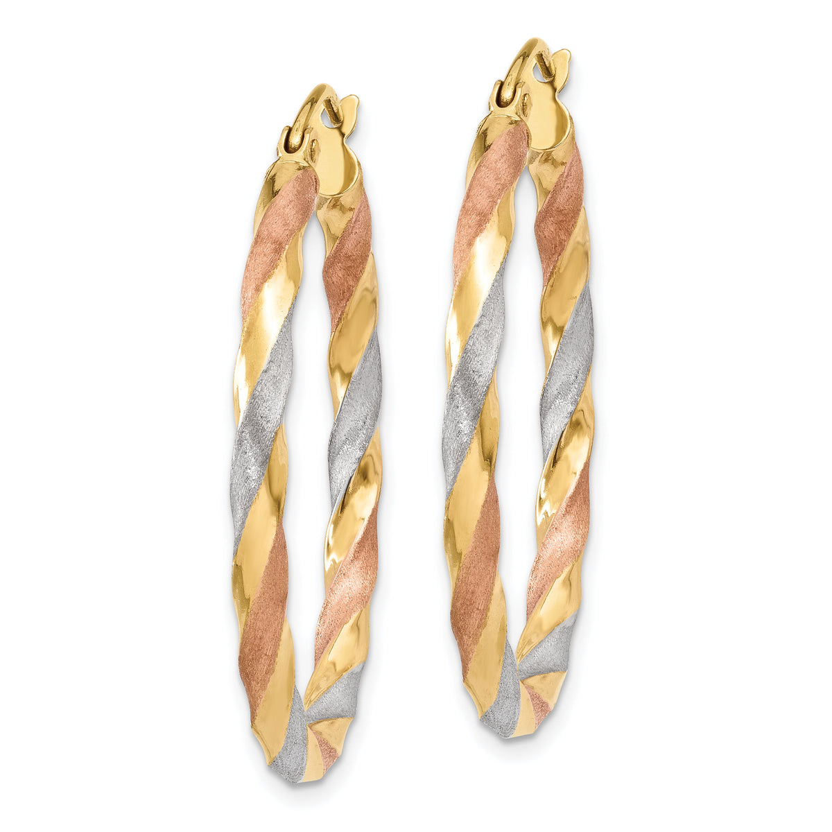 14k White & Rose Rhodium Satin Twisted Hoop Earrings-TH751