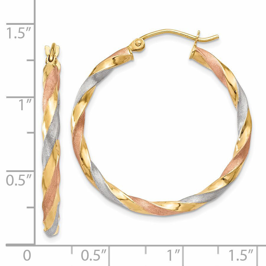 14k White & Rose Rhodium Satin Twisted Hoop Earrings-TH751