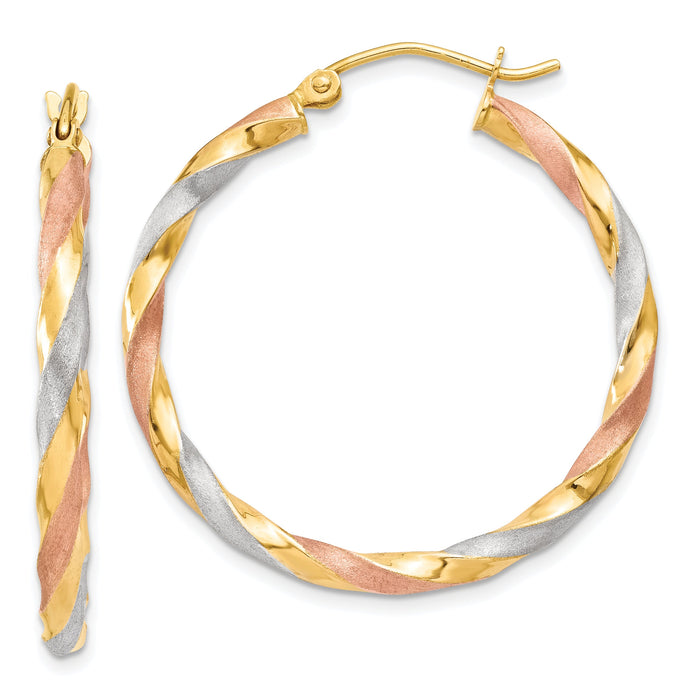14k White & Rose Rhodium Satin Twisted Hoop Earrings-TH751