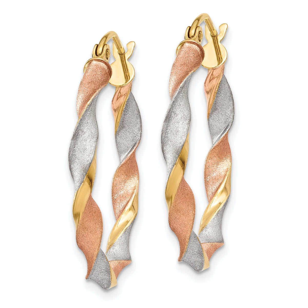 14ky White & Rose Rhodium Satin Twisted Hoop Earrings-TH756