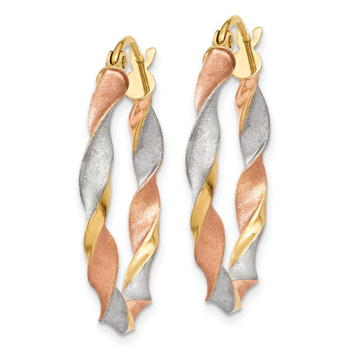 14ky White & Rose Rhodium Satin Twisted Hoop Earrings-TH756
