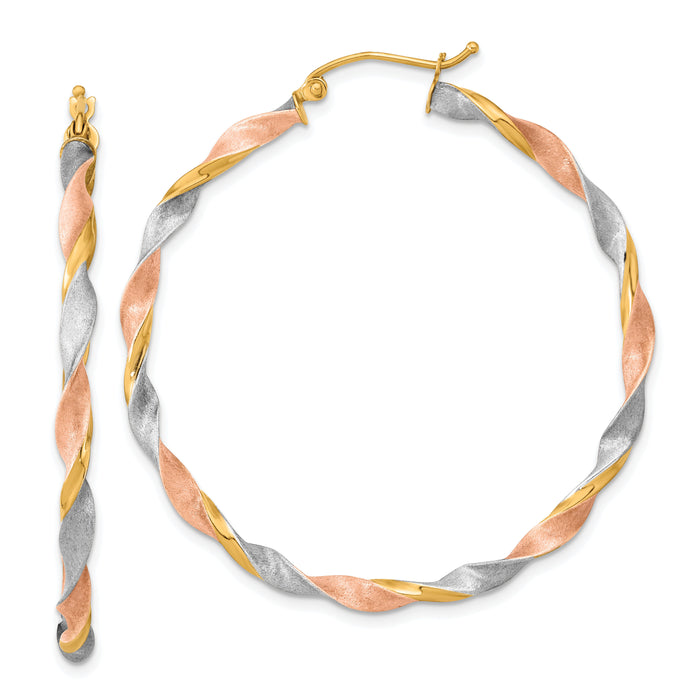 14k White & Rose Rhodium Satin Twisted Hoop Earrings-TH759