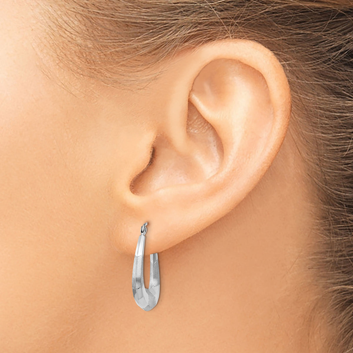 14k White Gold Polished, Satin and Diamond-cut Hoop Earrings-TH780