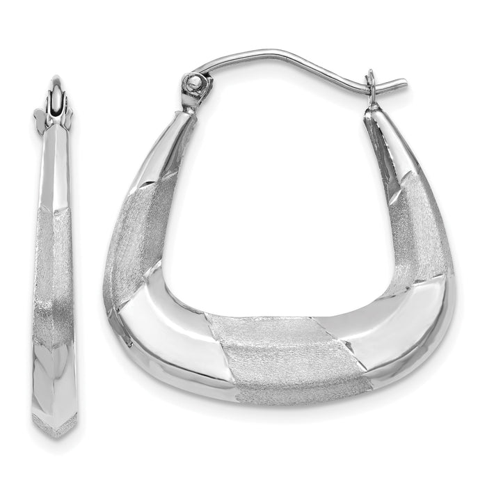 14k White Gold Polished, Satin and Diamond-cut Hoop Earrings-TH780