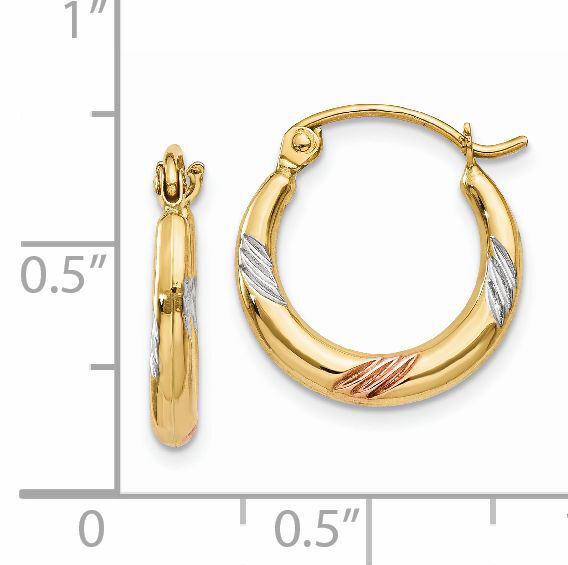 14k & White & Rose Rhodium Polished & Textured Hoop Earrings-TH789