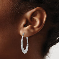 14k White Gold Polished and Textured Oval Hoop Earrings-TH792