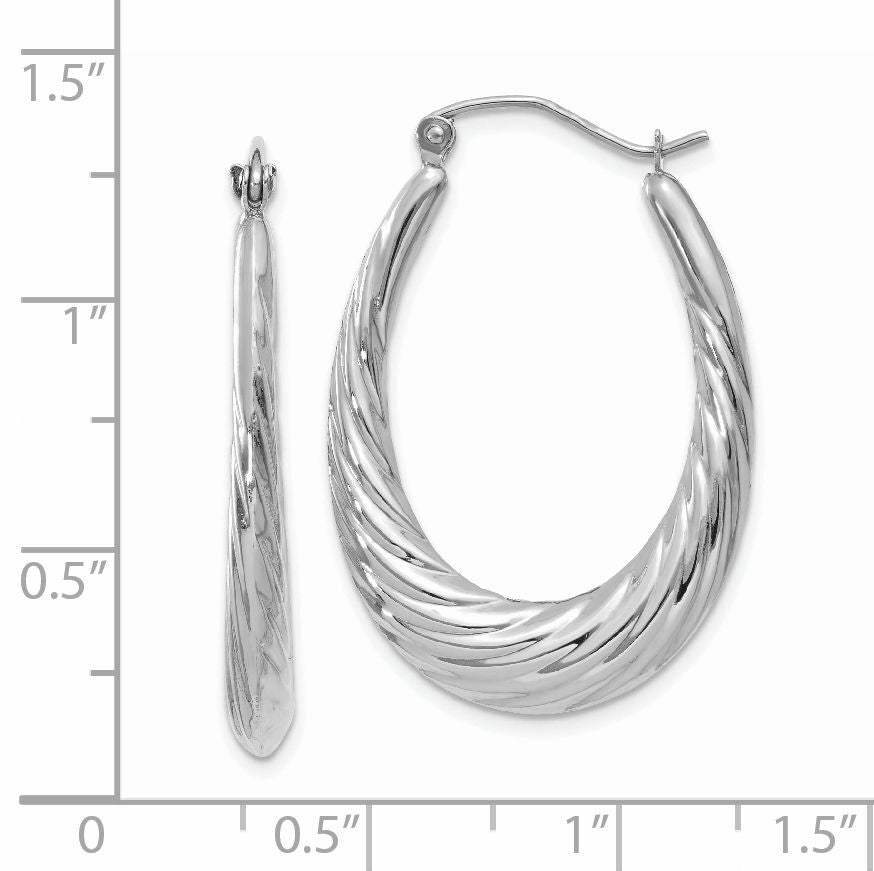 14k White Gold Polished and Textured Oval Hoop Earrings-TH792