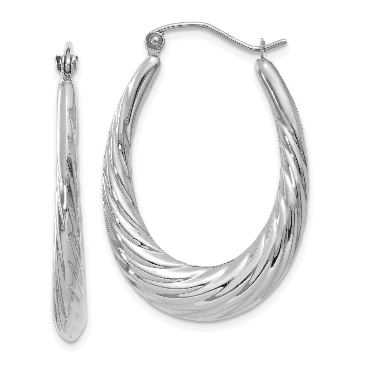 14k White Gold Polished and Textured Oval Hoop Earrings-TH792