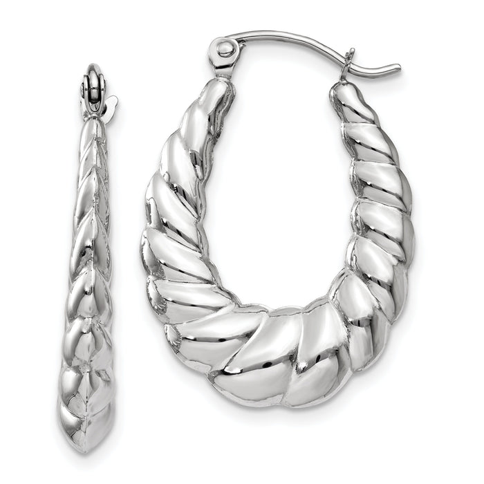 14k White Gold Polished and Textured Oval Hoop Earrings-TH793