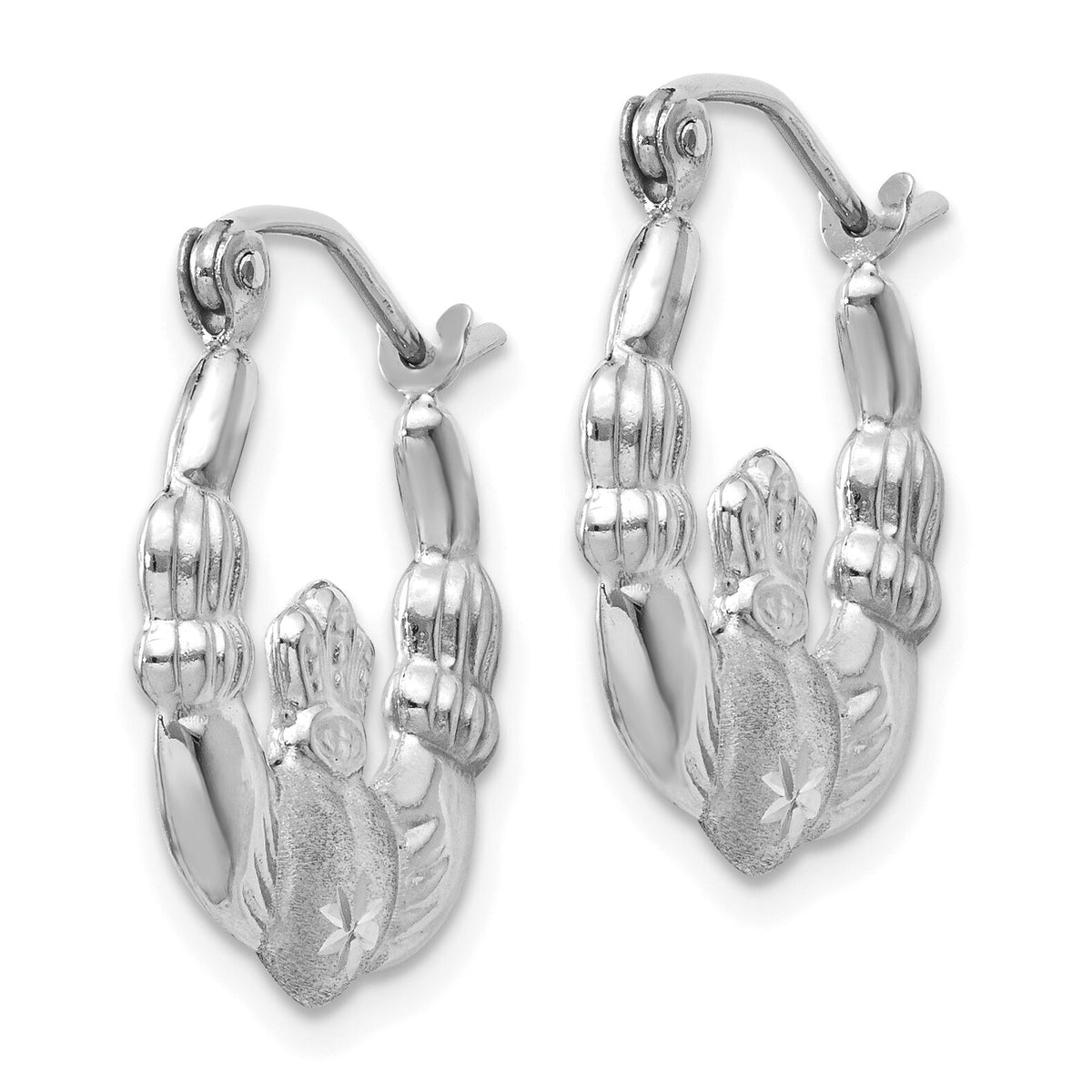14k White Gold Satin and Diamond-cut Claddagh Hoop Earrings-TH800