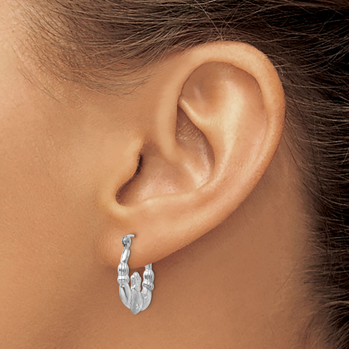 14k White Gold Satin and Diamond-cut Claddagh Hoop Earrings-TH800