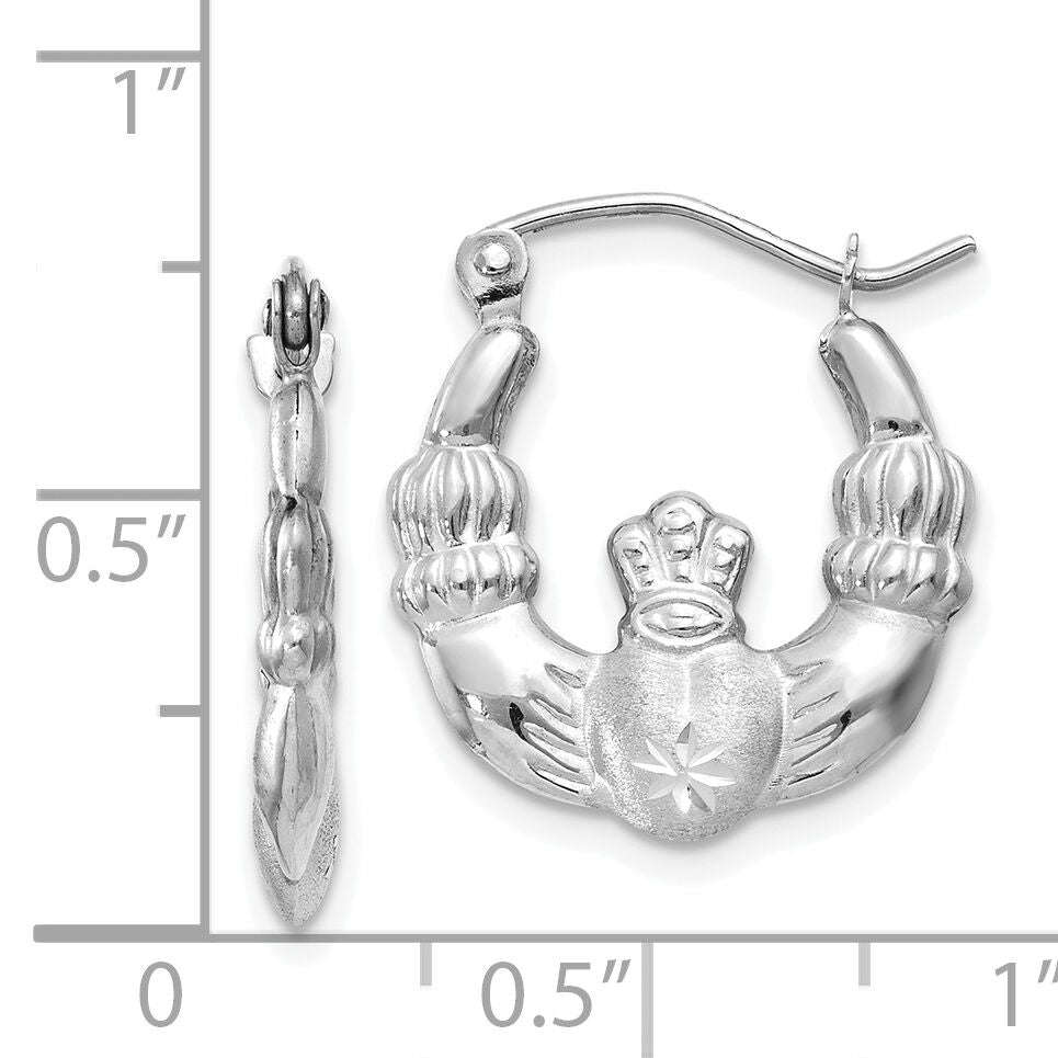 14k White Gold Satin and Diamond-cut Claddagh Hoop Earrings-TH800