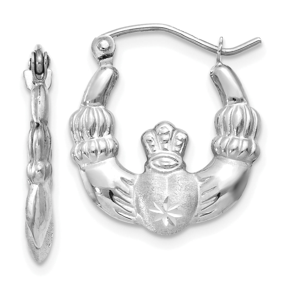 14k White Gold Satin and Diamond-cut Claddagh Hoop Earrings-TH800