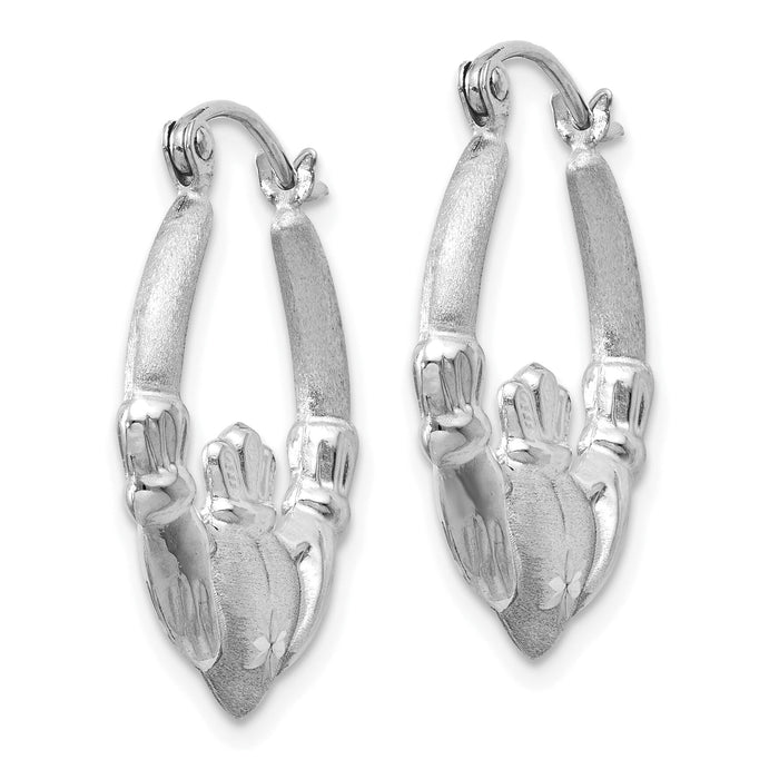 14k White Gold Satin and Diamond-cut Claddagh Hoop Earrings-TH801