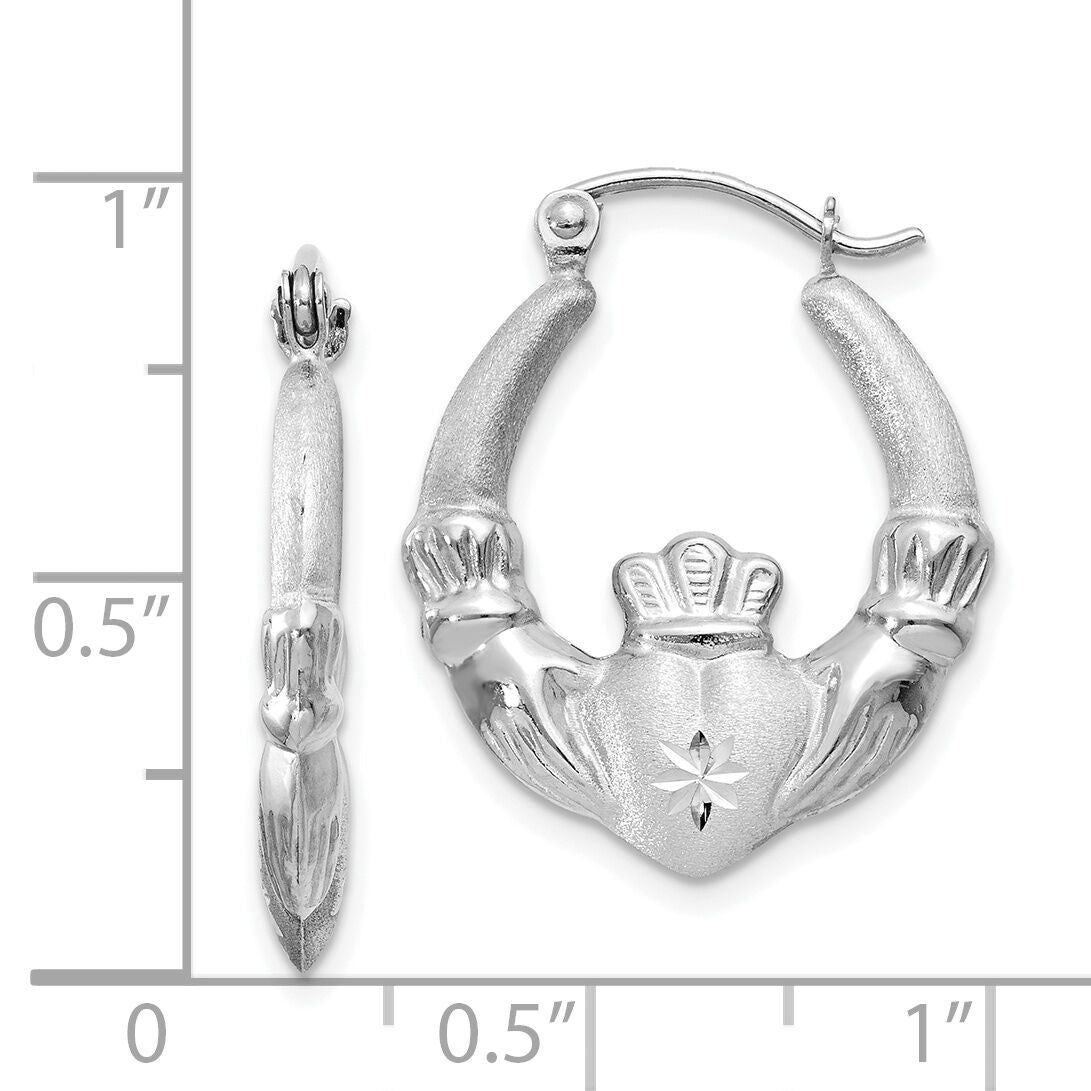 14k White Gold Satin and Diamond-cut Claddagh Hoop Earrings-TH801