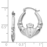 14k White Gold Satin and Diamond-cut Claddagh Hoop Earrings-TH801