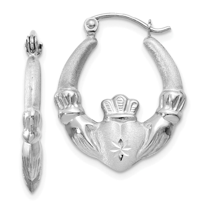 14k White Gold Satin and Diamond-cut Claddagh Hoop Earrings-TH801