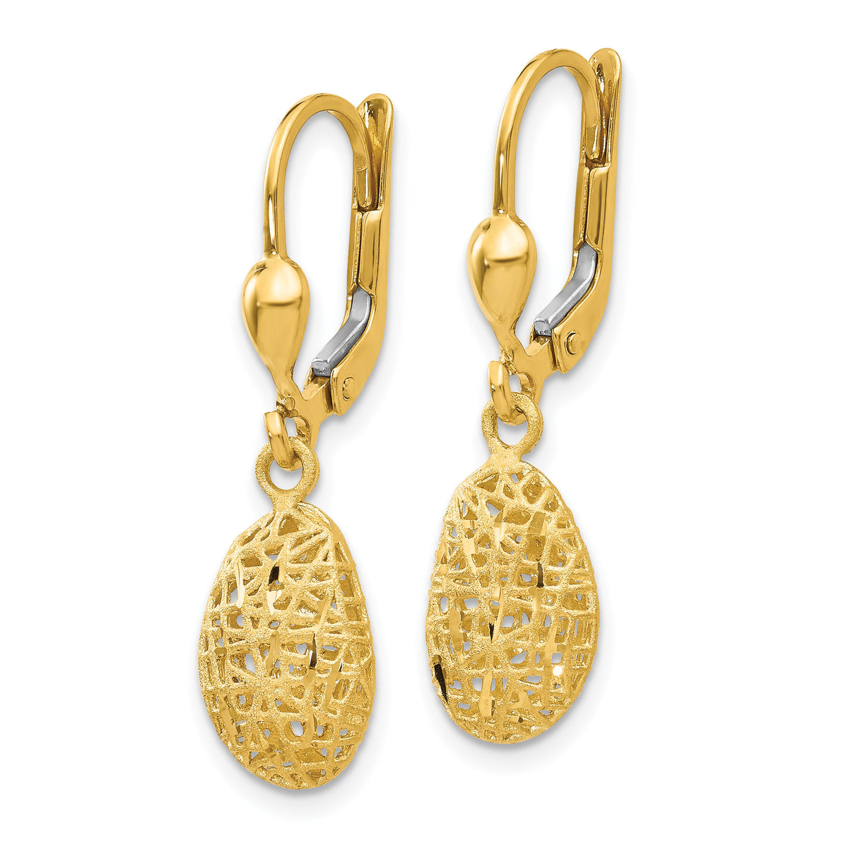 14K Gold Polished Diamond-cut Satin Puff Dangle Leverback Earrings-TH870