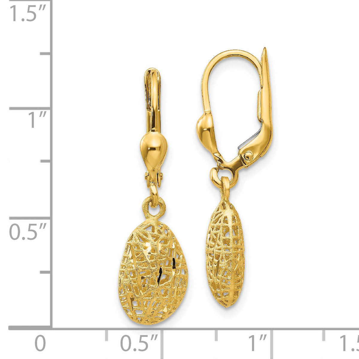 14K Gold Polished Diamond-cut Satin Puff Dangle Leverback Earrings-TH870