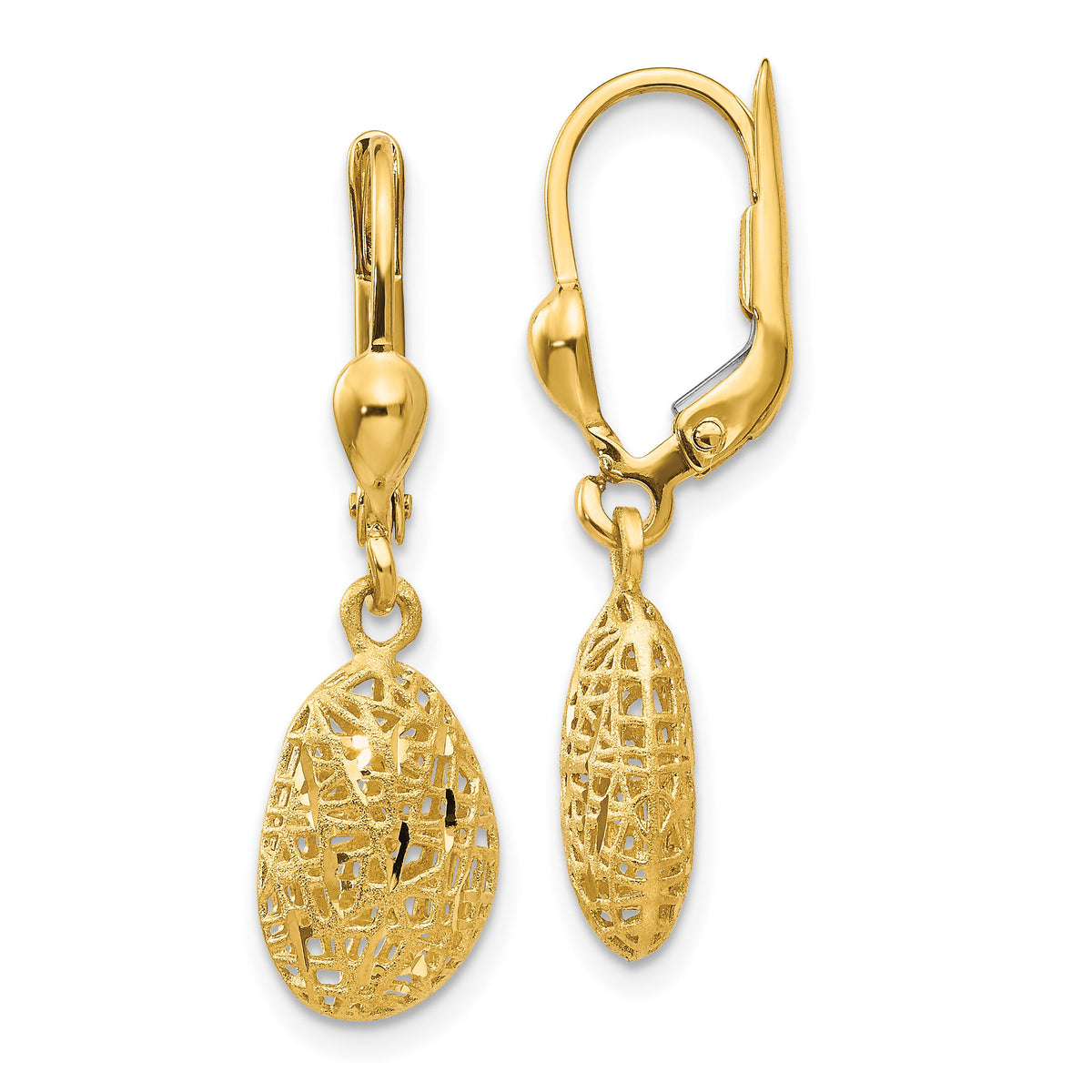 14K Gold Polished Diamond-cut Satin Puff Dangle Leverback Earrings-TH870