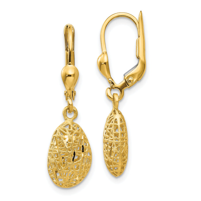 14K Gold Polished Diamond-cut Satin Puff Dangle Leverback Earrings-TH870