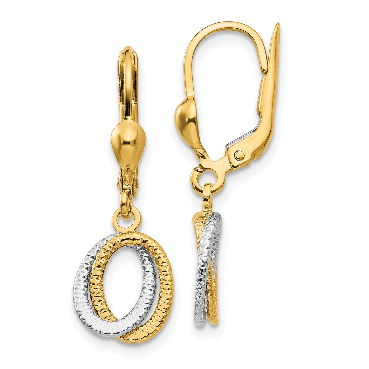 14K Two-Tone Textured and Polished Dangle Leverback Earrings-TH877