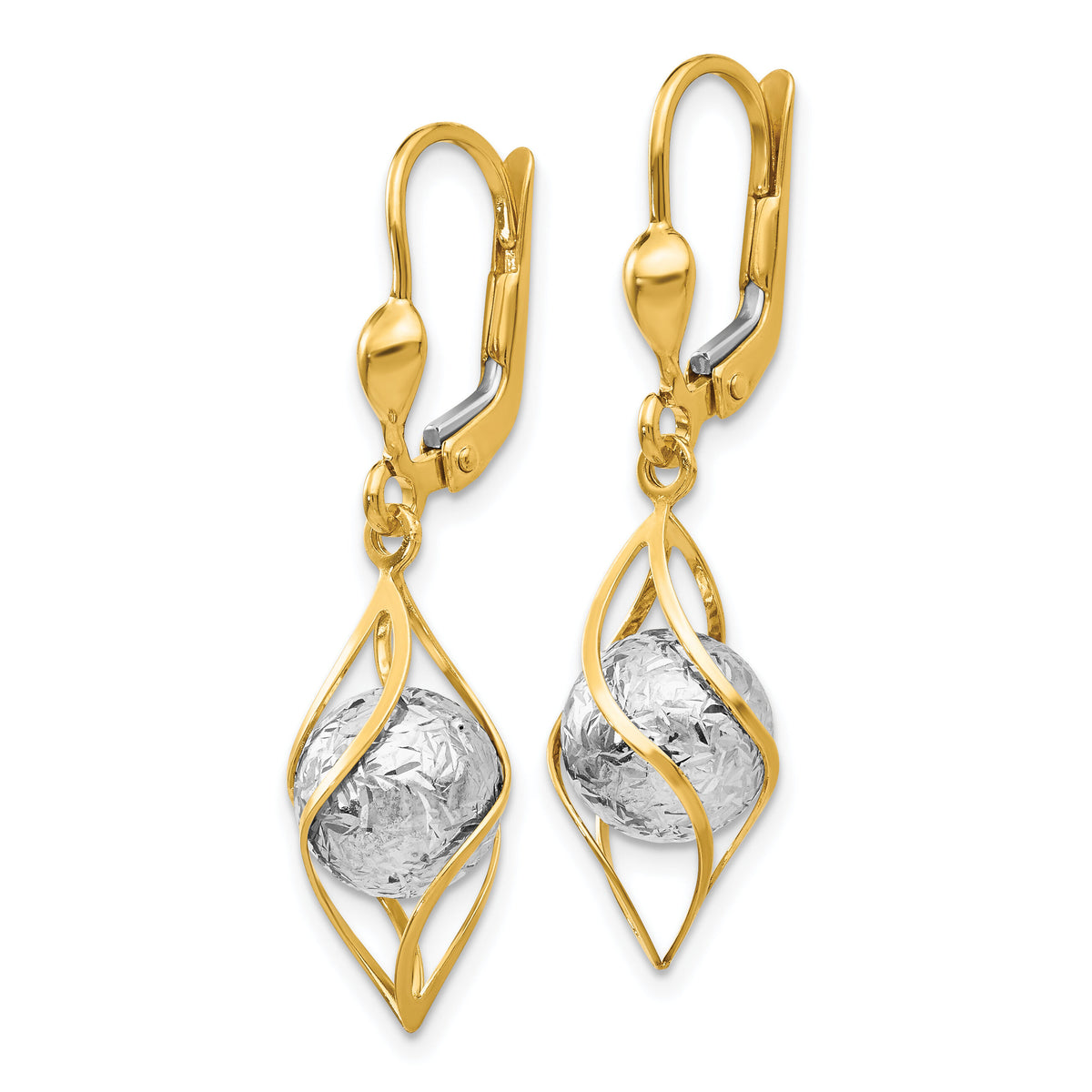 14K Two-tone Polished Diamond-cut Dangle Leverback Earrings-TH890
