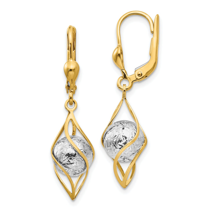 14K Two-tone Polished Diamond-cut Dangle Leverback Earrings-TH890