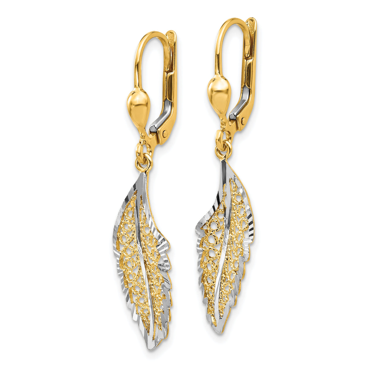14K and Rhodium Polished and Textured Leaf Leverback Earrings-TH915