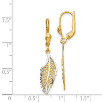 14K and Rhodium Polished and Textured Leaf Leverback Earrings-TH915