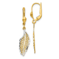 14K and Rhodium Polished and Textured Leaf Leverback Earrings-TH915
