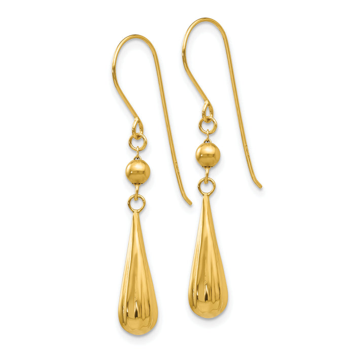 14K Grooved Puffed Teardrop Shepherd Hook Earrings-TH930