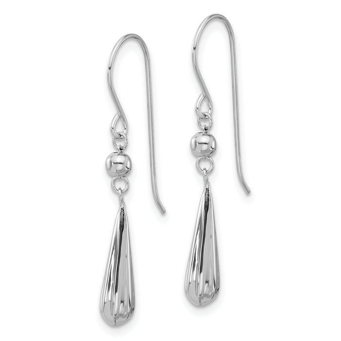 14K White Gold Grooved Puffed Teardrop Shepherd Hook Earrings-TH933