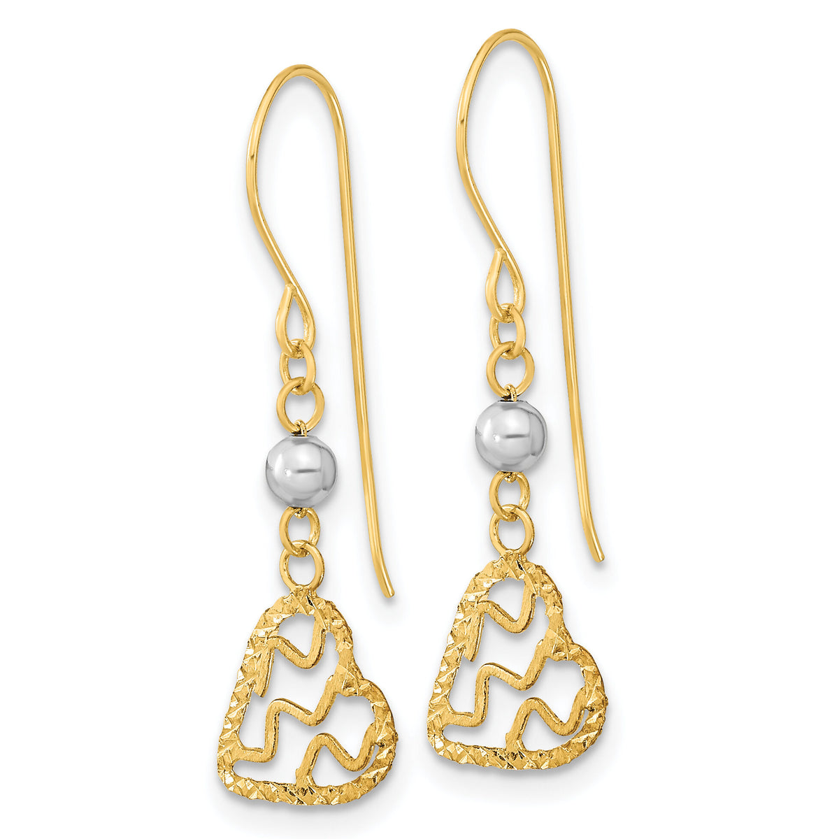 14k Two-tone Satin D/C Heart Dangle Shepherd Hook Earrings-TH974
