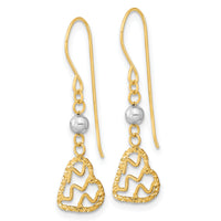 14k Two-tone Satin D/C Heart Dangle Shepherd Hook Earrings-TH974