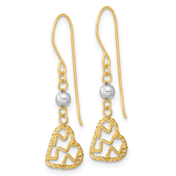 14k Two-tone Satin D/C Heart Dangle Shepherd Hook Earrings-TH974