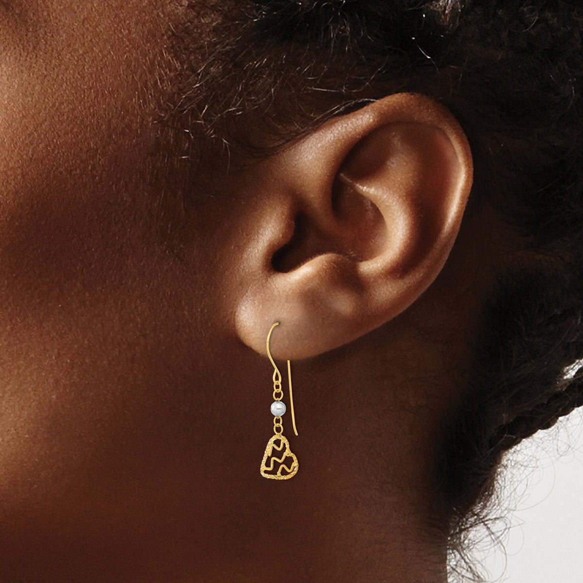 14k Two-tone Satin D/C Heart Dangle Shepherd Hook Earrings-TH974