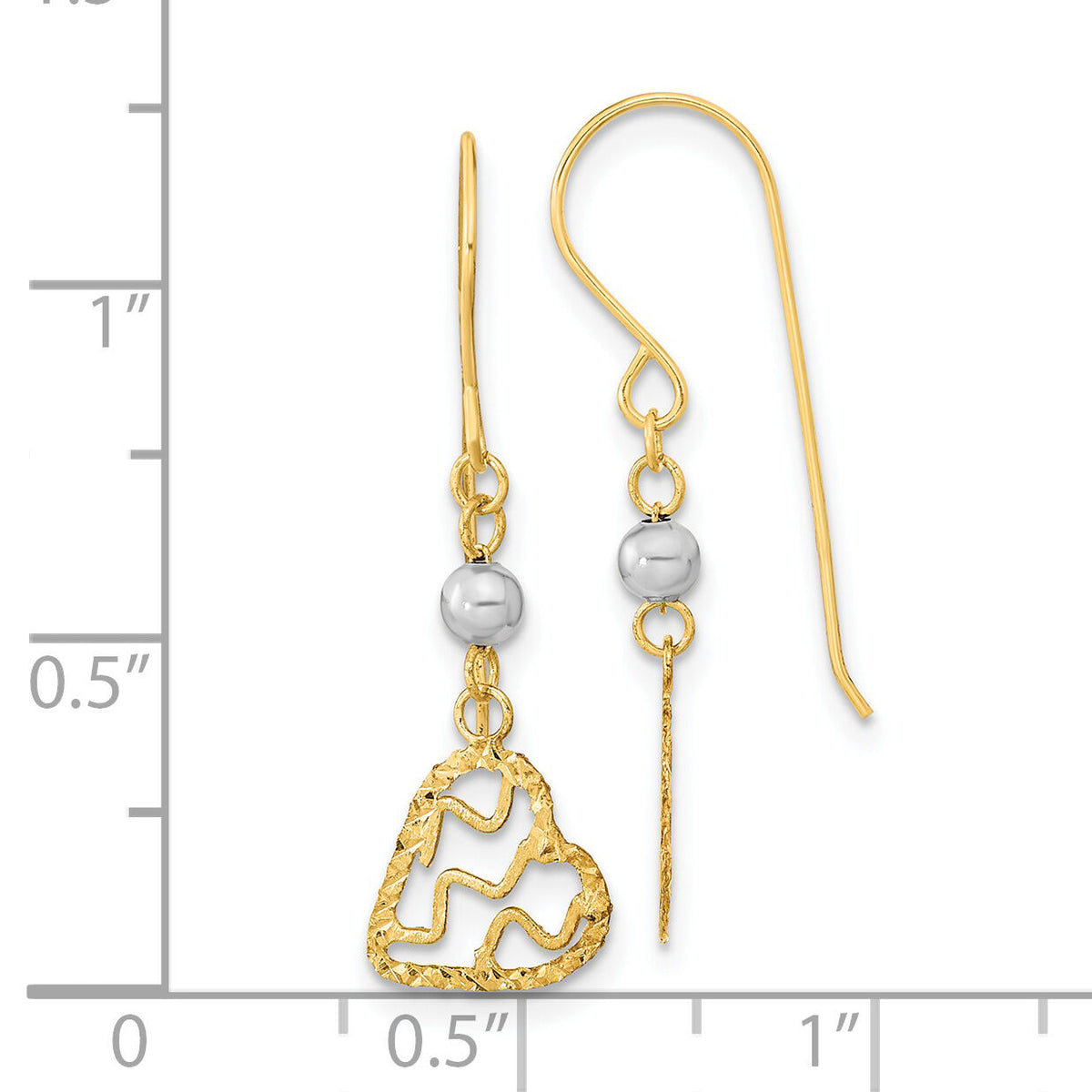 14k Two-tone Satin D/C Heart Dangle Shepherd Hook Earrings-TH974