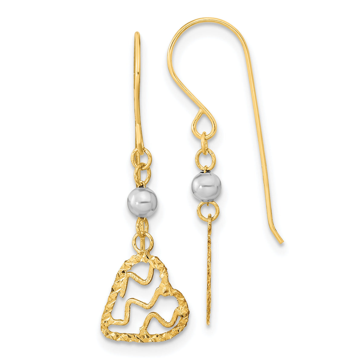 14k Two-tone Satin D/C Heart Dangle Shepherd Hook Earrings-TH974
