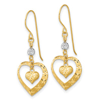 14k Two-tone Satin D/C Heart Dangle Shepherd Hook Earrings-TH975