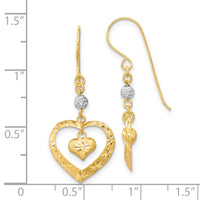 14k Two-tone Satin D/C Heart Dangle Shepherd Hook Earrings-TH975