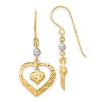 14k Two-tone Satin D/C Heart Dangle Shepherd Hook Earrings-TH975