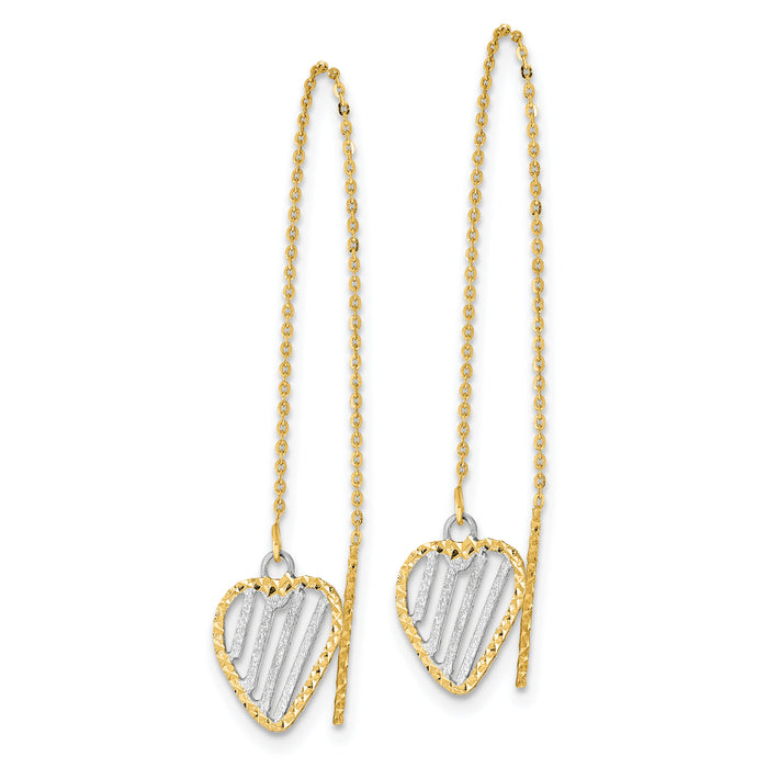 14k & Rhodium Polished Satin and D/C Heart Threader Earrings-TH976