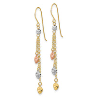 14k Tri-color D/C Triple Heart Dangle Shepherd Hook Earrings-TH979