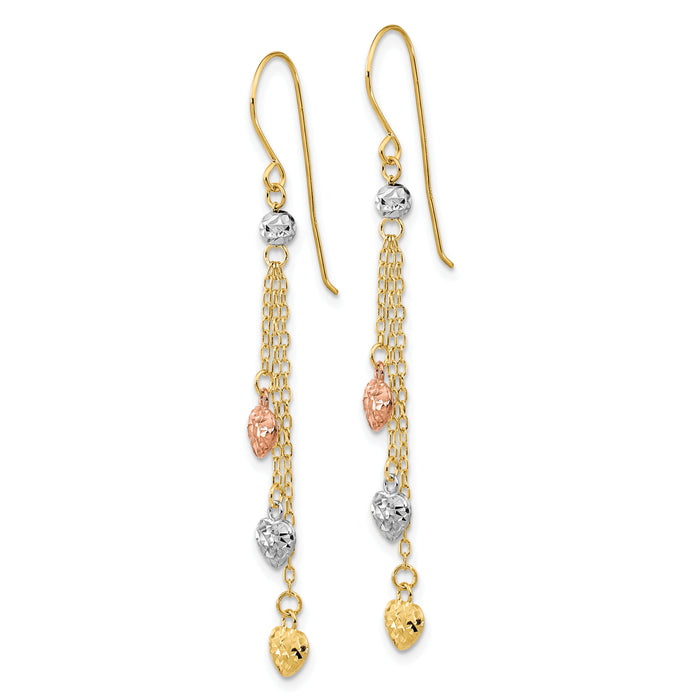 14k Tri-color D/C Triple Heart Dangle Shepherd Hook Earrings-TH979