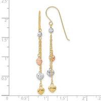 14k Tri-color D/C Triple Heart Dangle Shepherd Hook Earrings-TH979