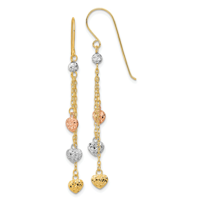 14k Tri-color D/C Triple Heart Dangle Shepherd Hook Earrings-TH979